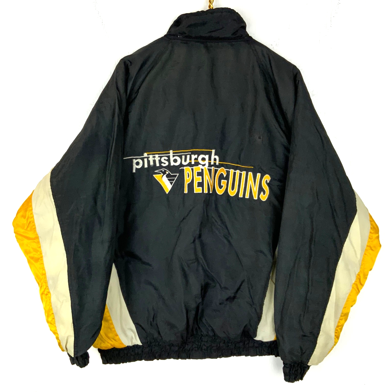 Vintage Pittsburgh Penguins Logo 7 Bomber Jacket Large Black Full Zip Puffer Nhl