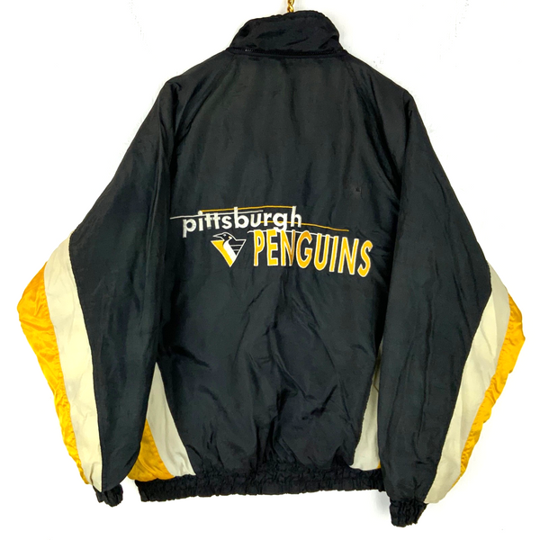 Vintage Pittsburgh Penguins Logo 7 Bomber Jacket Large Black Full Zip Puffer Nhl