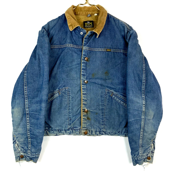 Vintage Maverick 1970s Denim Jean Jacket Size 44 Blue Snap Button Sherpa Lined