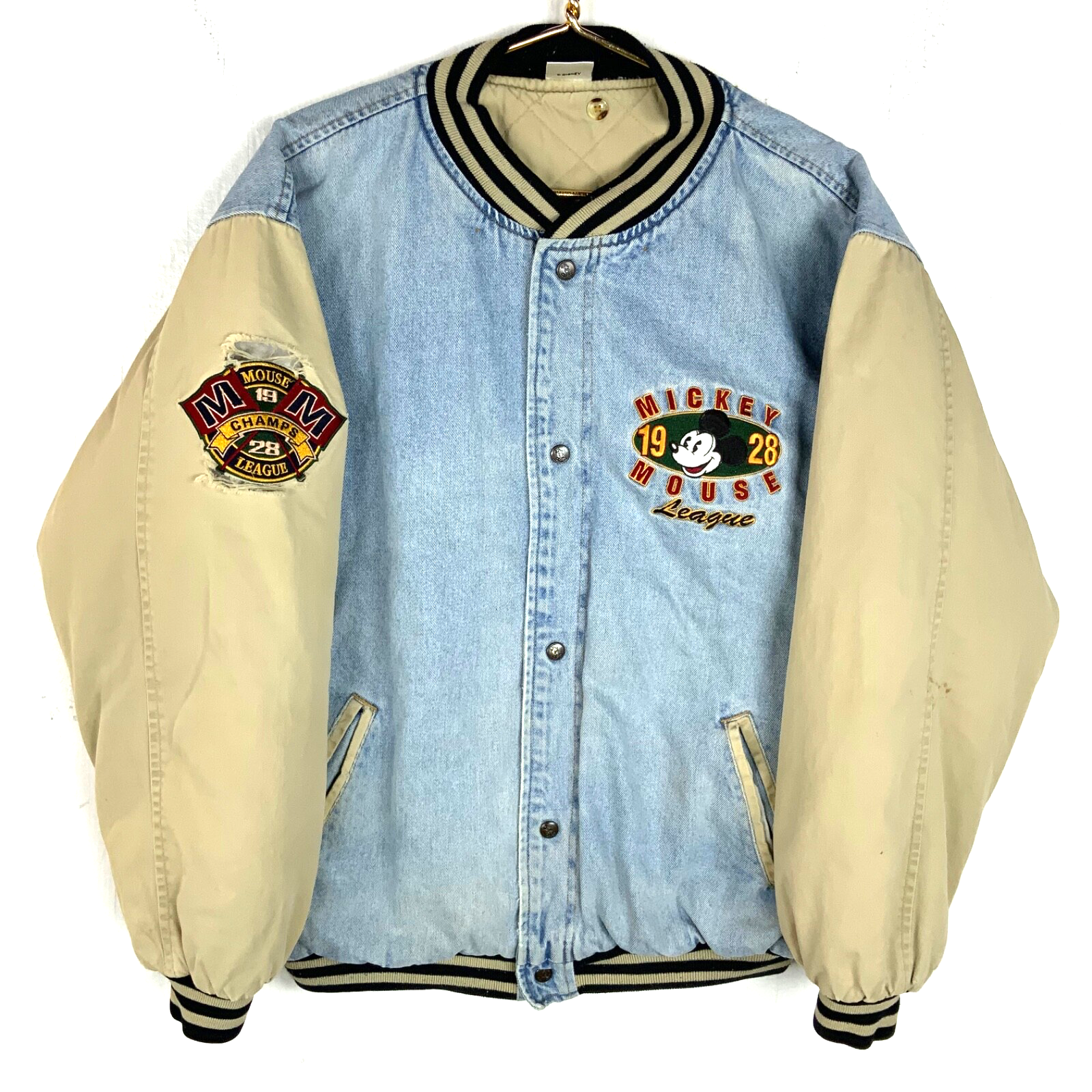 Vintage Mickey Mouse Disney Denim Bomber Puffer Jacket XL Snap Button Cartoon