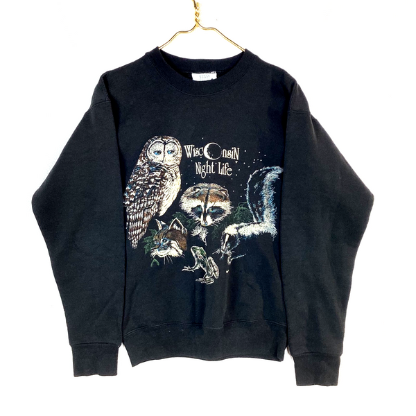 Vintage Wildlife Sweatshirt Crewneck Size Medium Black Usa Wisconsin Owl