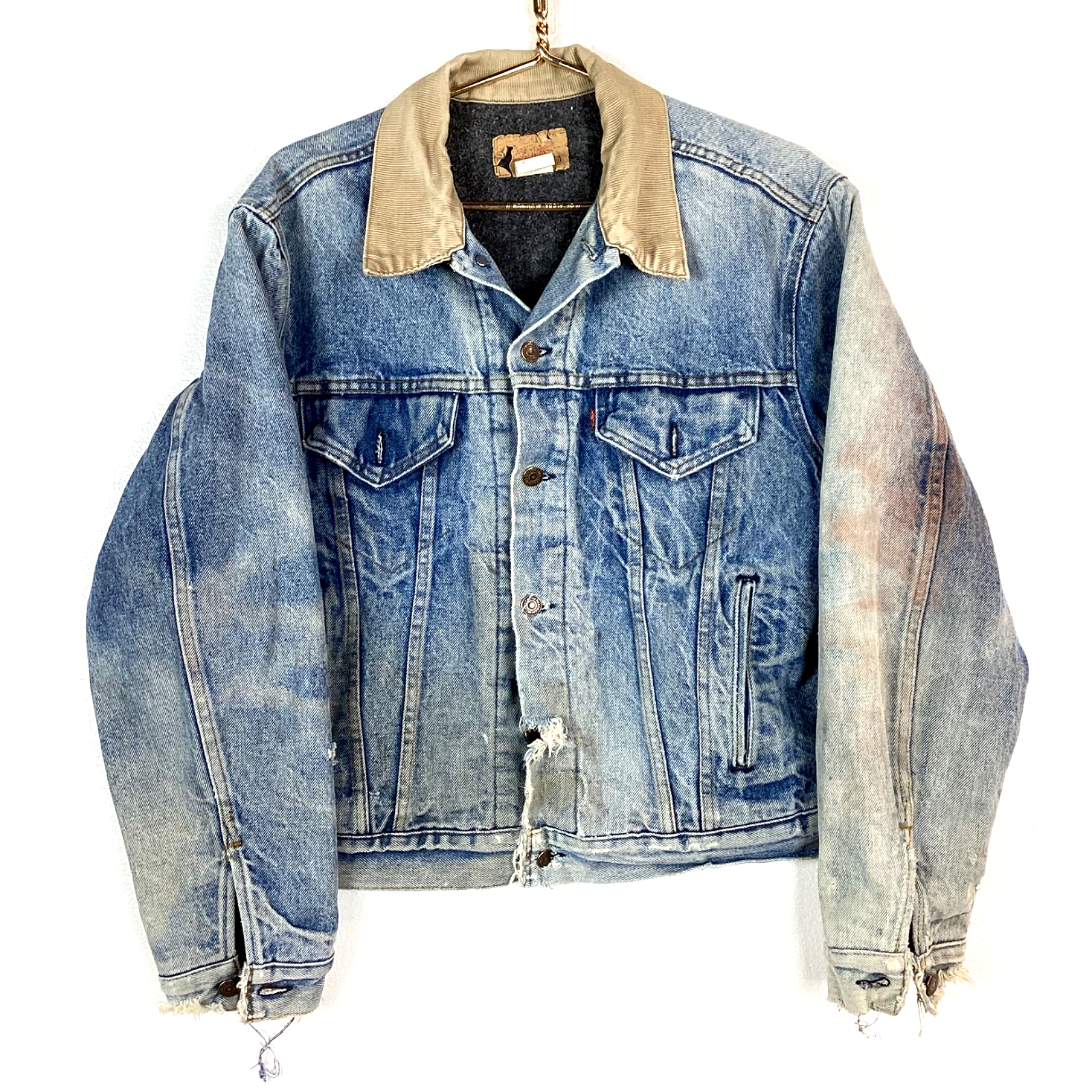 Vintage 1980s Levi’s Denim Jean Jacket Size 46 Blue Blanket Lined Usa Distressed