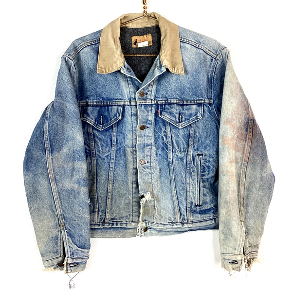 Vintage 1980s Levi’s Denim Jean Jacket Size 46 Blue Blanket Lined Usa Distressed
