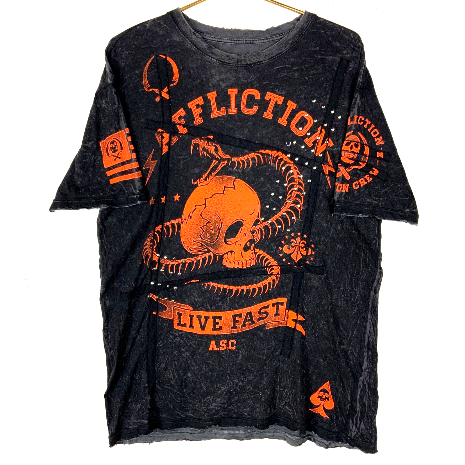 Affliction T-Shirt Large Black Double Sided Live Fast Snake Skull All Over Print