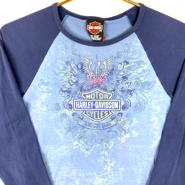 Vintage Harley Davidson 3/4 Sleeve Shirt Women's Small Blue Double Sided