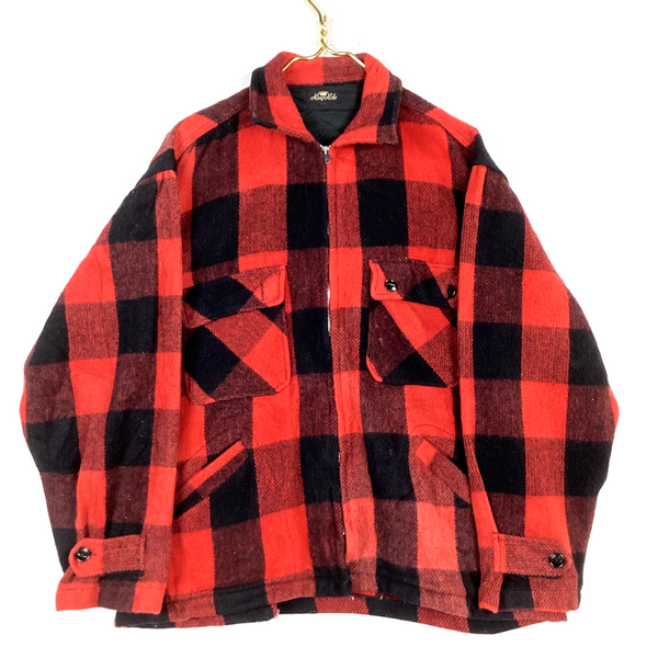 Vintage 1980s Wool Flannel Shirt Jacket Size XL Red Plaid Full Zip