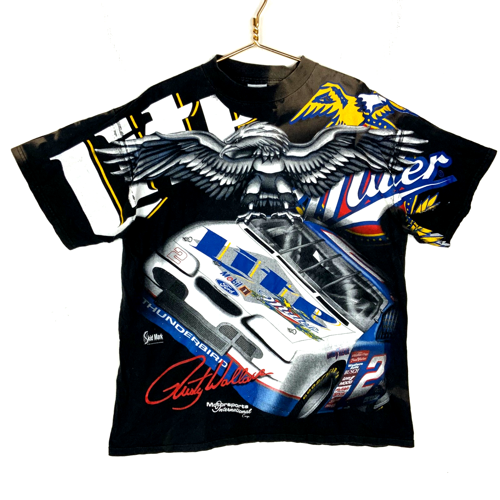 Vintage Rusty Wallace T-shirt XL Black Nascar All Over Print Miller Lite #2