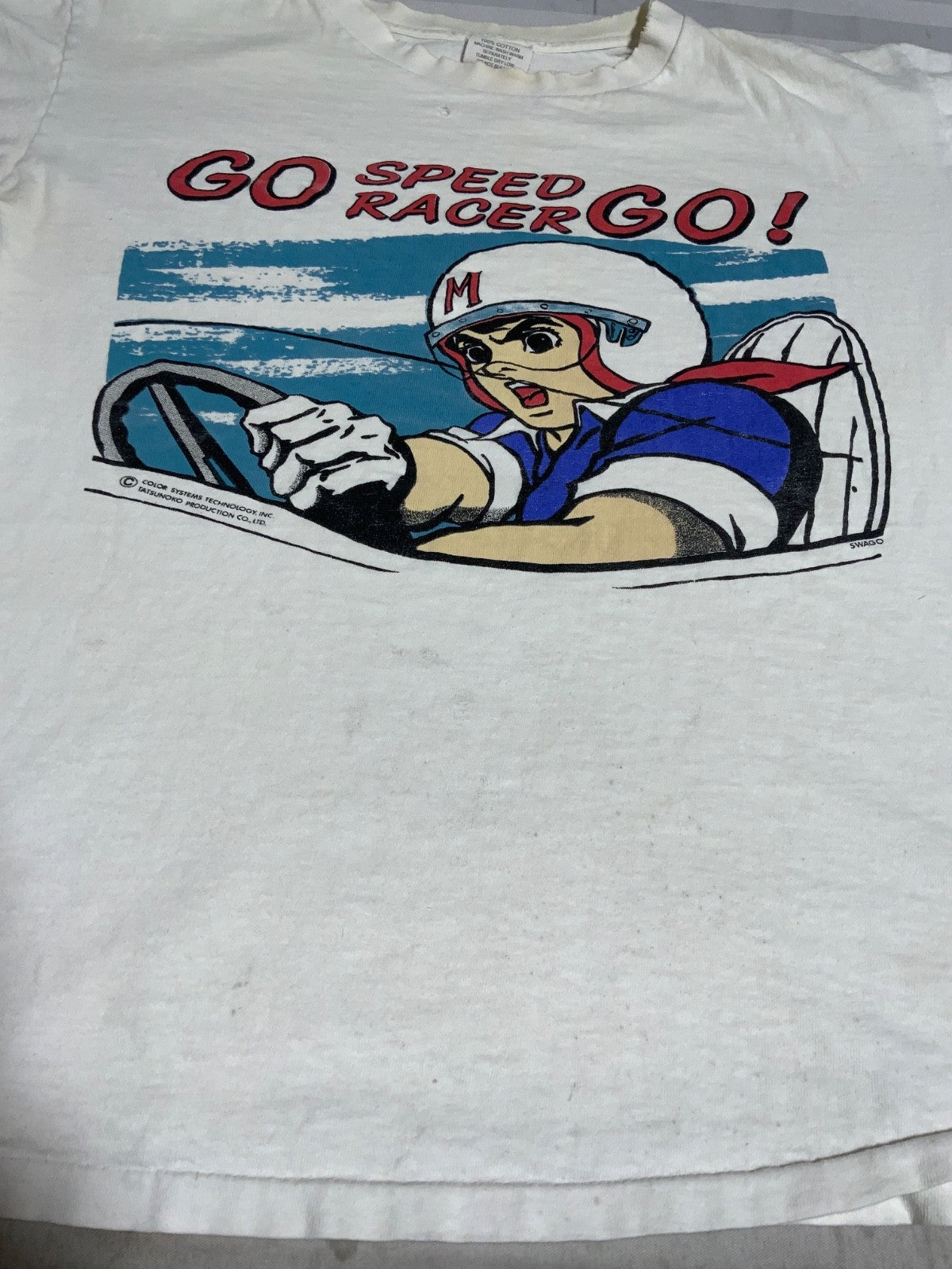 Vintage Speed Racer T-Shirt Large White Single Stitch Driving Gear Go Go 80s