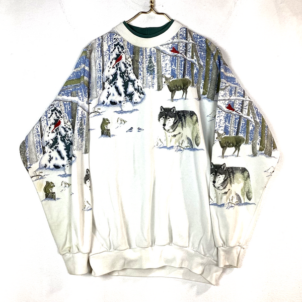 Vintage Wildlife Wolf Sweatshirt Crewneck Size XL White AOP Made In Usa