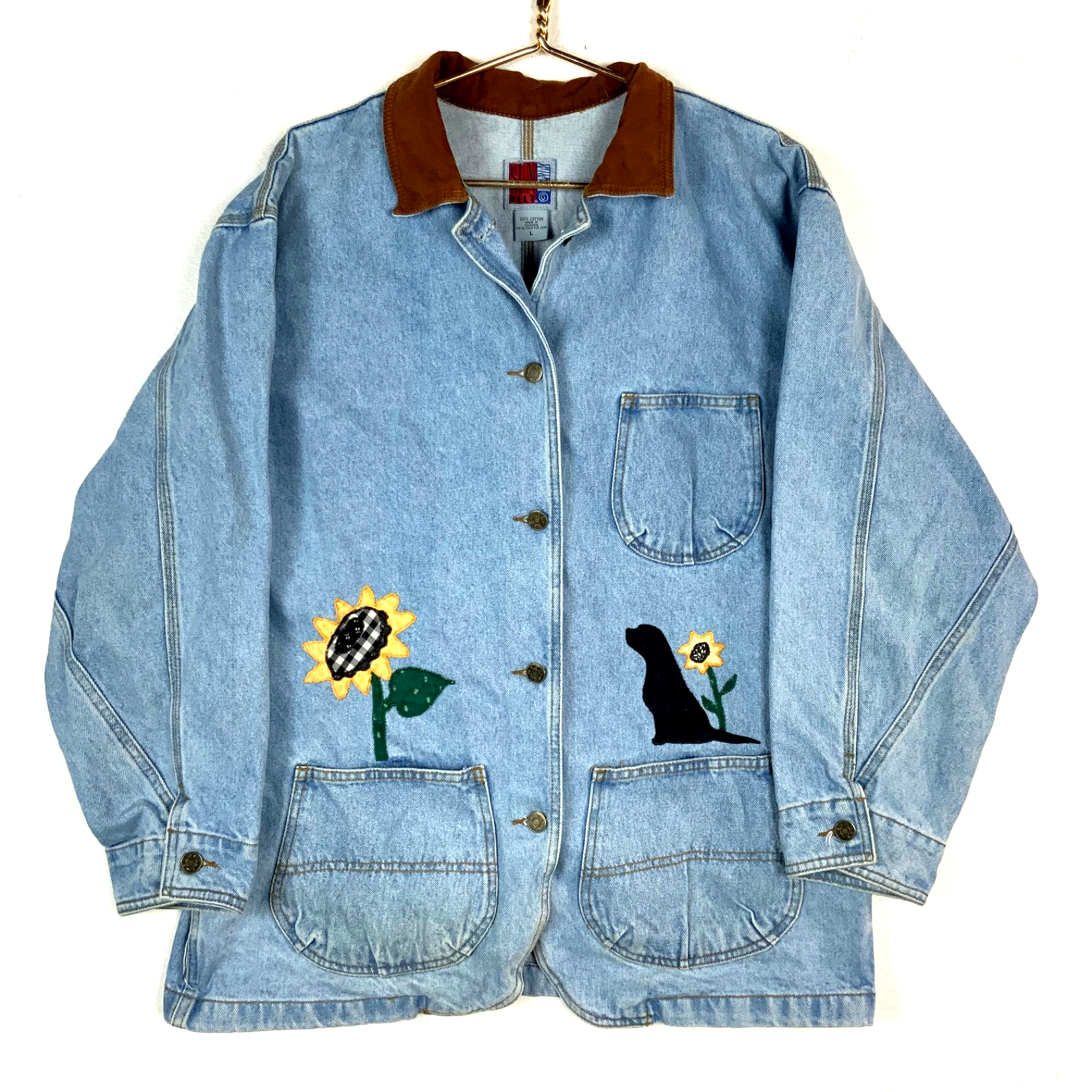 Vintage 1990s Women's Denim Jean Trucker Jacket Large Blue Floral Dog Bird