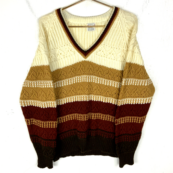 Vintage 1990s Grandpa Knit Sweater XL Multicolor Striped V-neck
