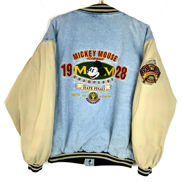 Vintage Mickey Mouse Disney Denim Bomber Puffer Jacket XL Snap Button Cartoon