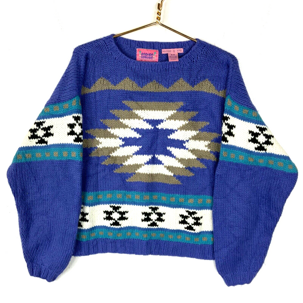 Vintage Hand Made Grandma Knit Sweater Womens Size Medium Blue Aztec Western 90s