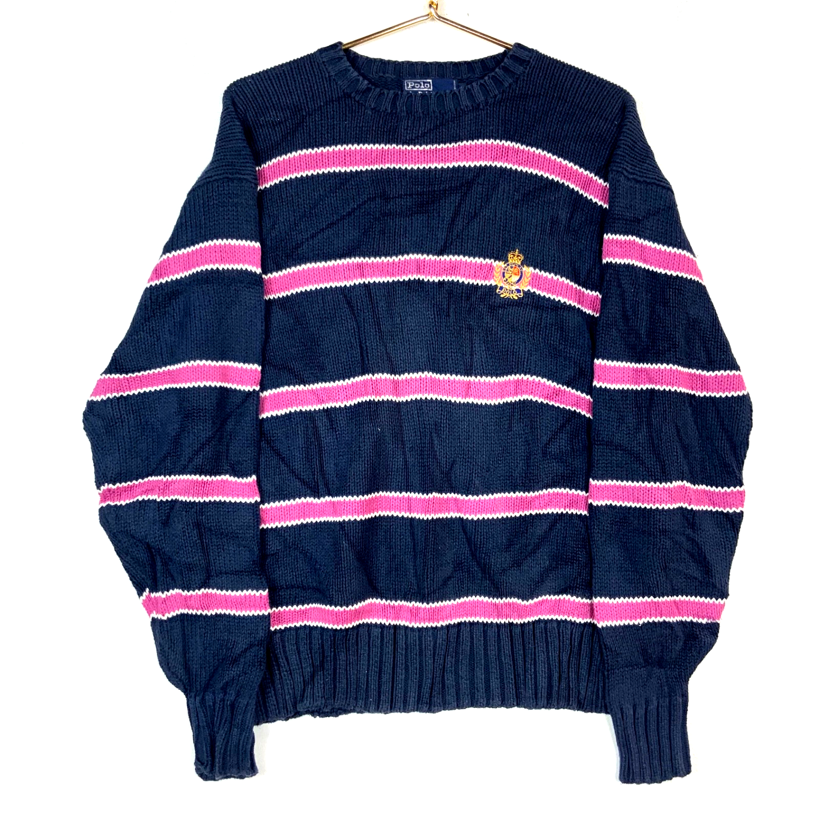 Vintage Polo Ralph Lauren Knit Sweater Medium Blue Crewneck Striped 90s
