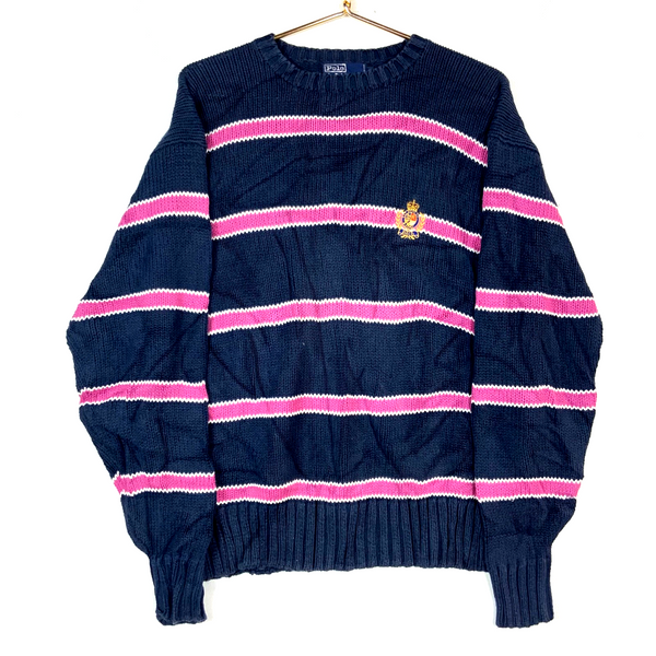 Vintage Polo Ralph Lauren Knit Sweater Medium Blue Crewneck Striped 90s