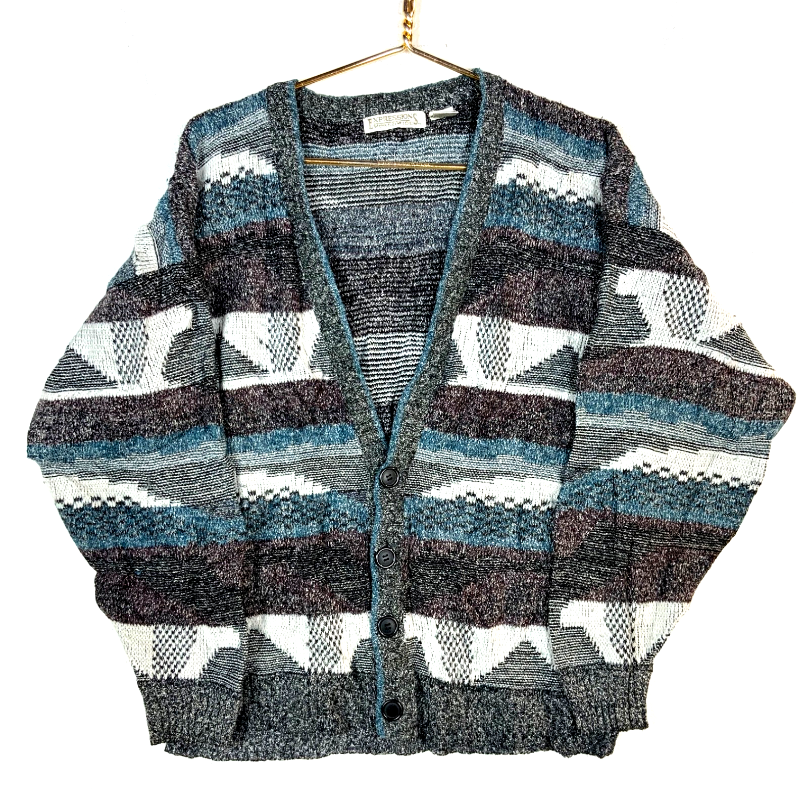 Vintage 1990s Knit Grandpa Sweater Medium Striped Cardigan 90s