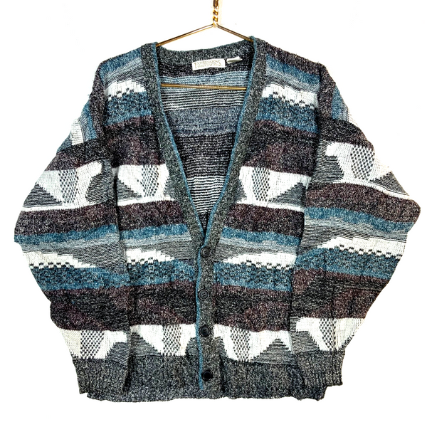 Vintage 1990s Knit Grandpa Sweater Medium Striped Cardigan 90s