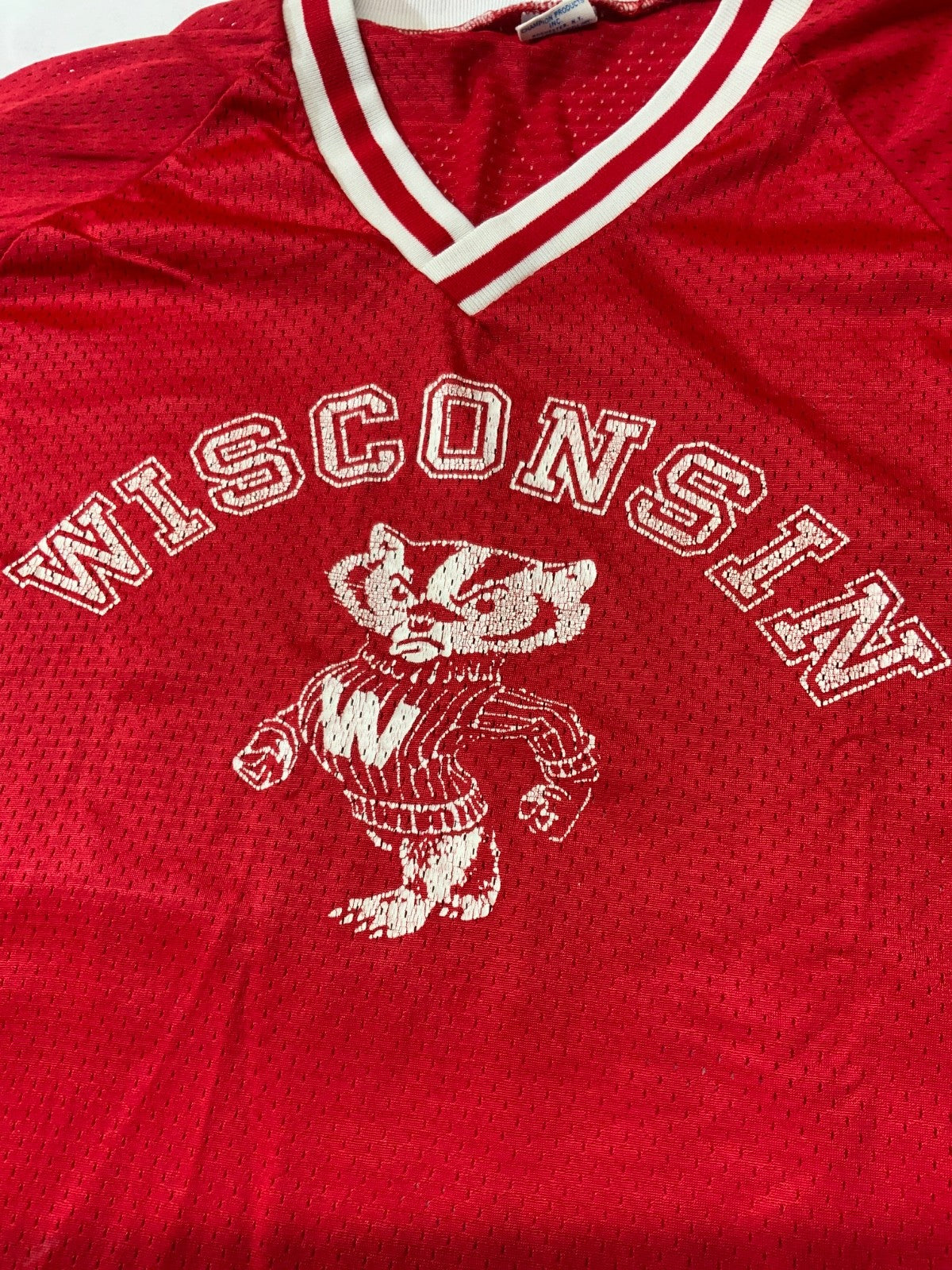 Vintage Wisconsin Badgers Jersey Large Champion Red Ncaa 1970s Blue Bar Mesh