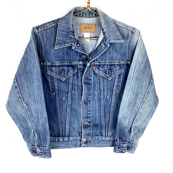 Vintage Levi’s Women's Denim Jean Trucker Jacket Size 16 Small Blue Orange Tab
