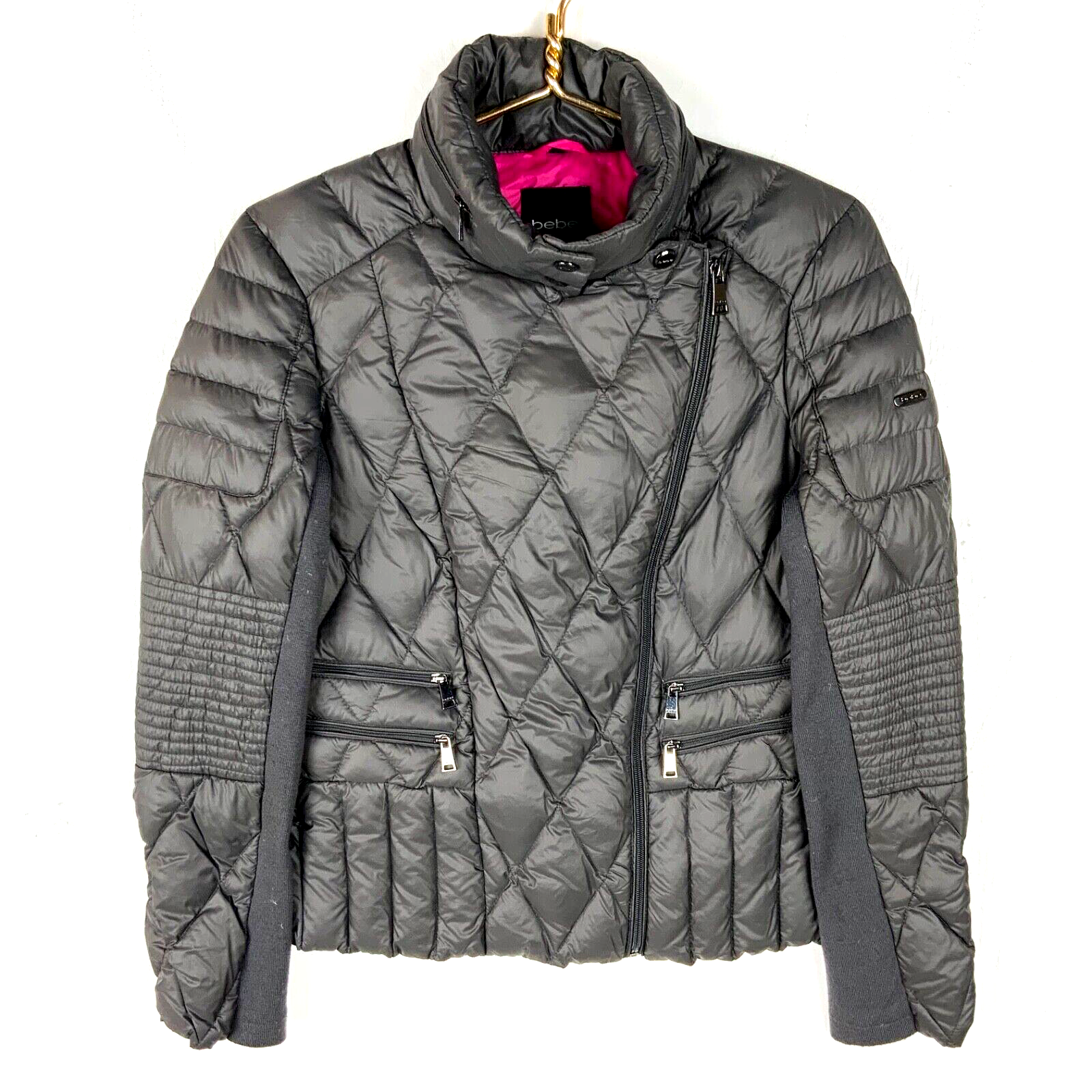 Bebe Women's Quilted Puffer Jacket Gray XS Full Zip