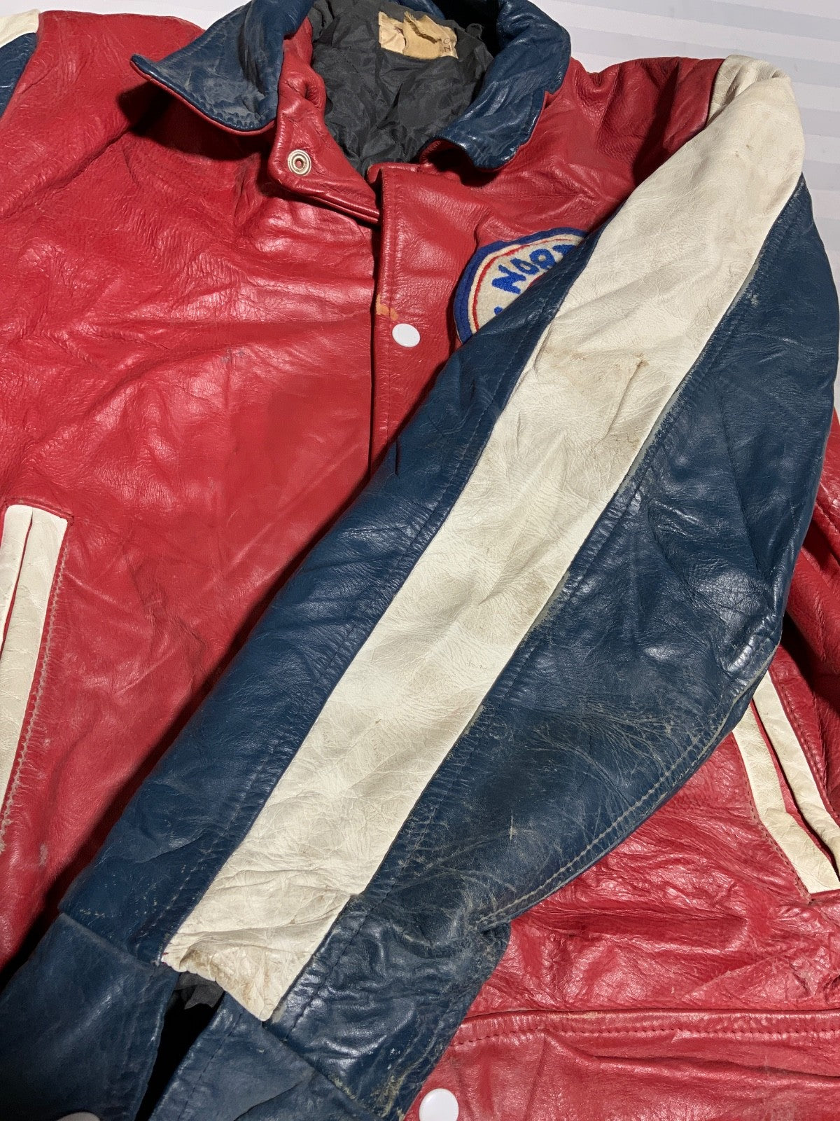 Vintage 1970s Leather Varsity Bomber Jacket Medium Snap Button Antonio Giovanni