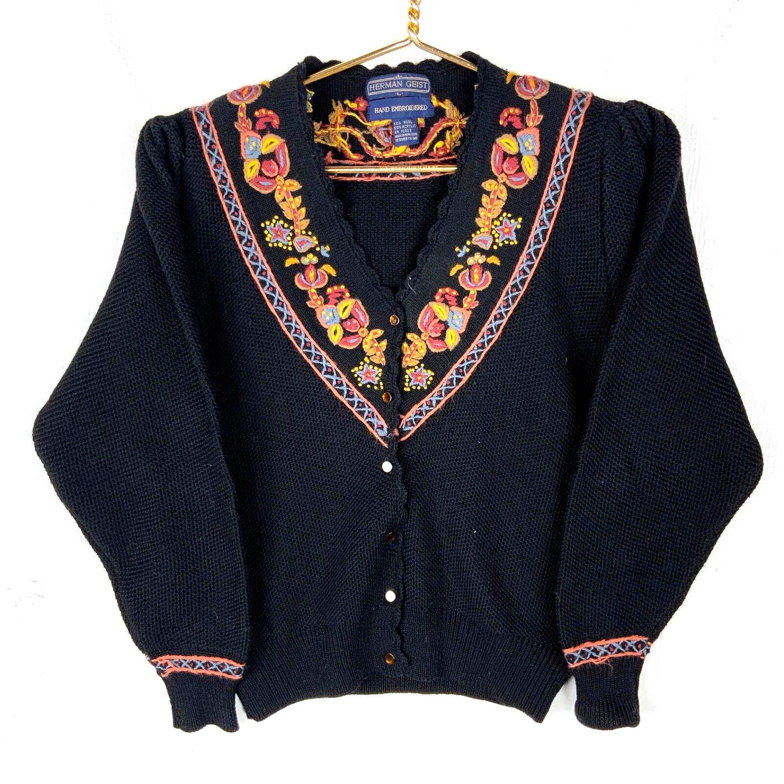 Vintage Herman Geist Hand Knit Sweater Women’s Large Black Cardigan 90s