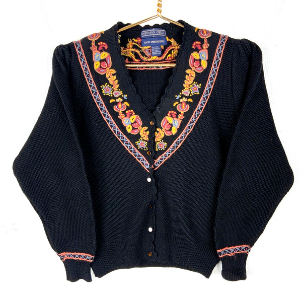 Vintage Herman Geist Hand Knit Sweater Women’s Large Black Cardigan 90s
