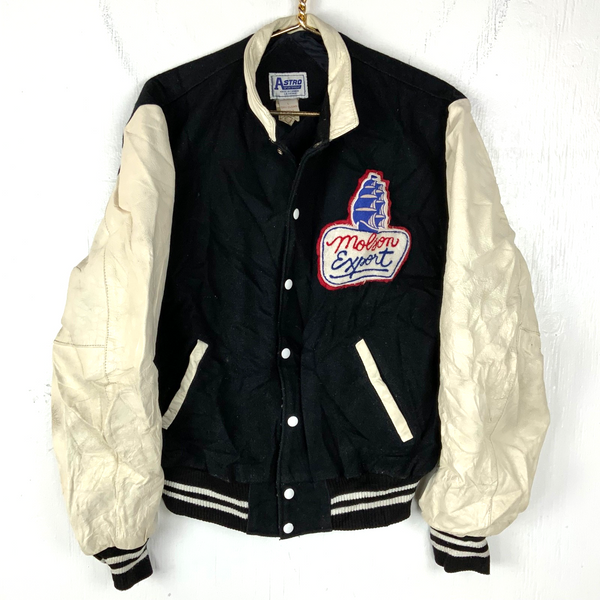 Vintage Molson Export Wool Leather Varsity Bomber Jacket Large Snap Button 80s