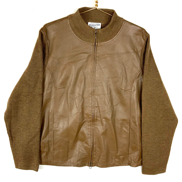 Vintage Pendleton Women's Knit Wool Leather Sweater Jacket Size 1X Full Zip