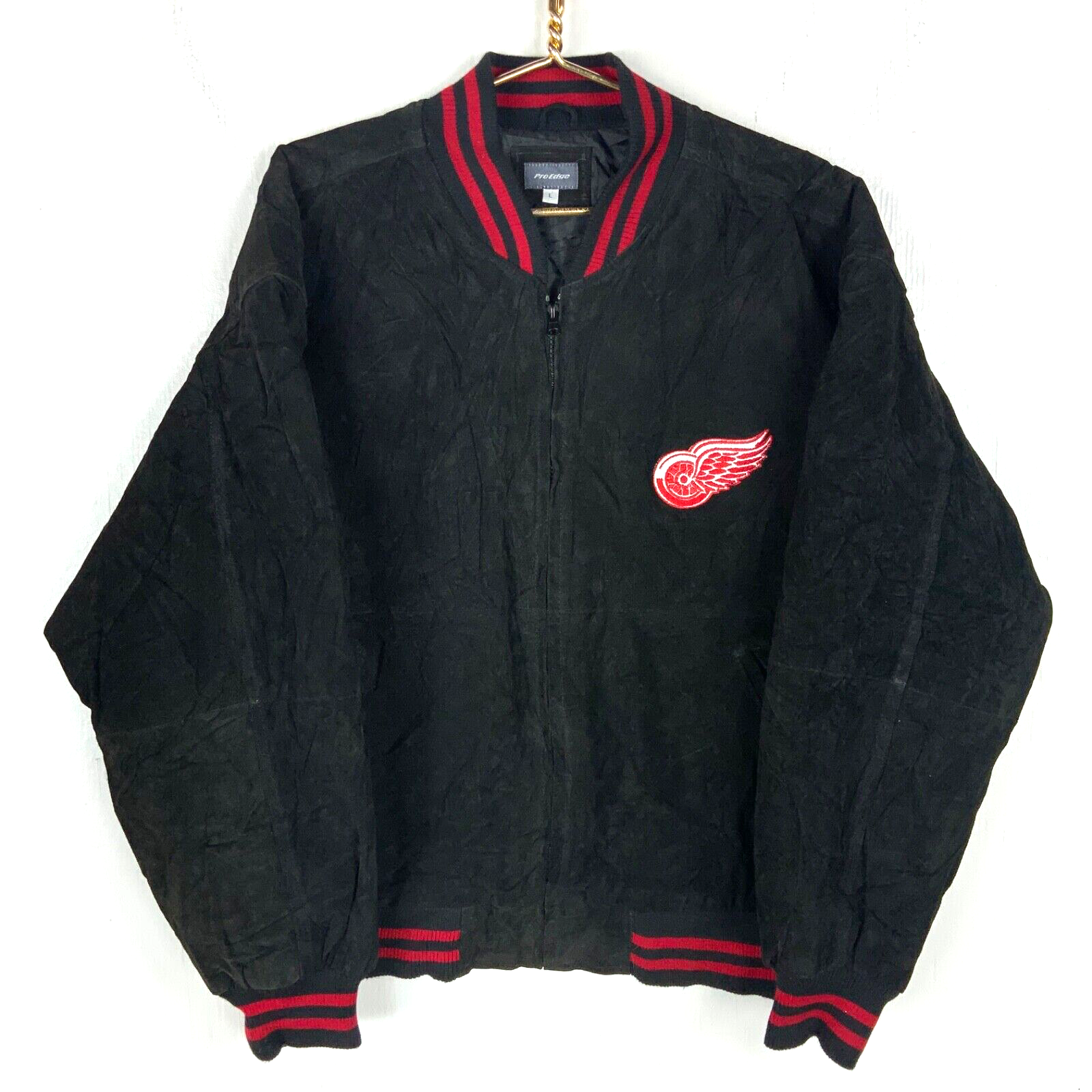 Vintage Detroit Red Wings Jacket Large Black Full Zip Suede Bomber Nhl