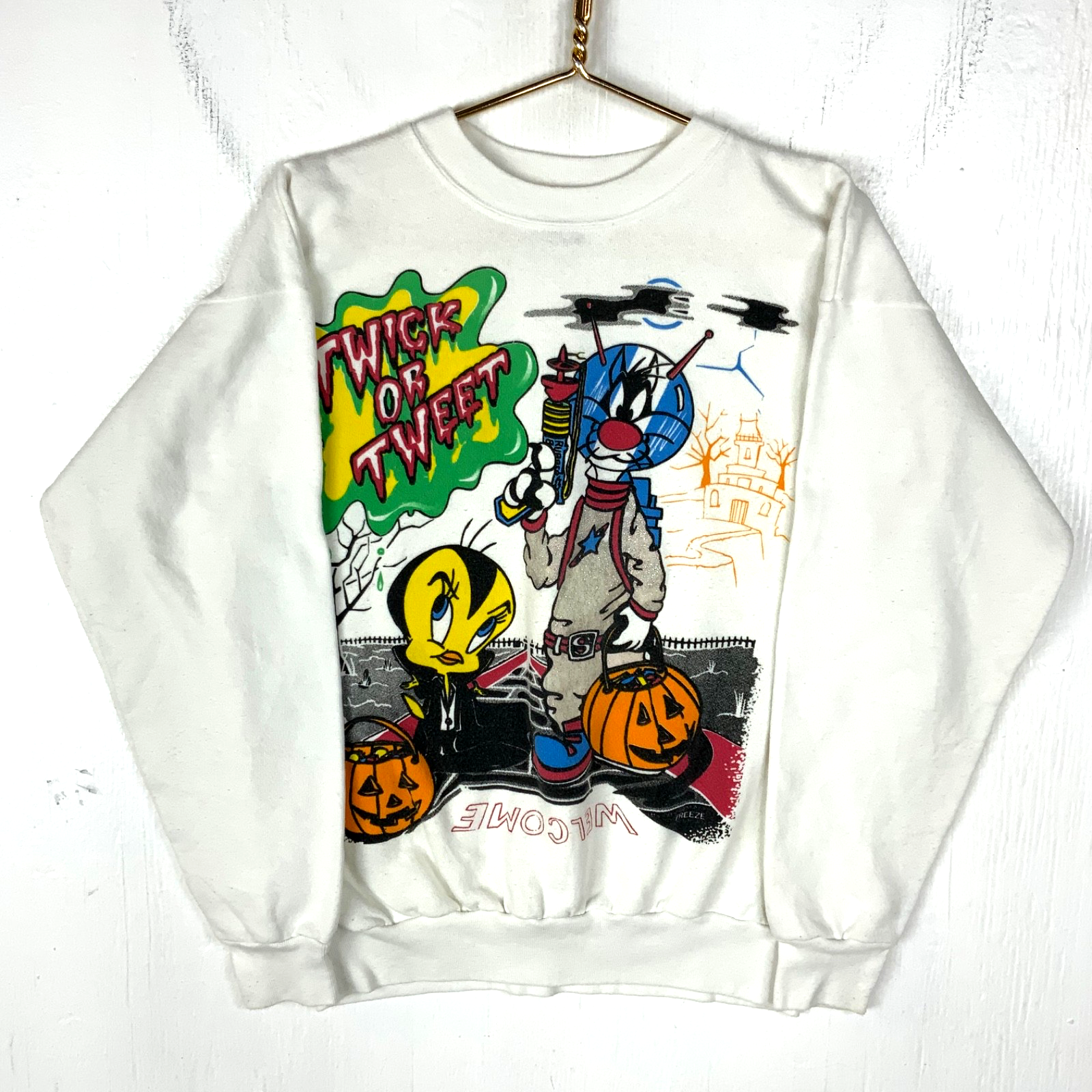 Vintage Looney Tunes Halloween Sweatshirt Crewneck Women's Large White 90s