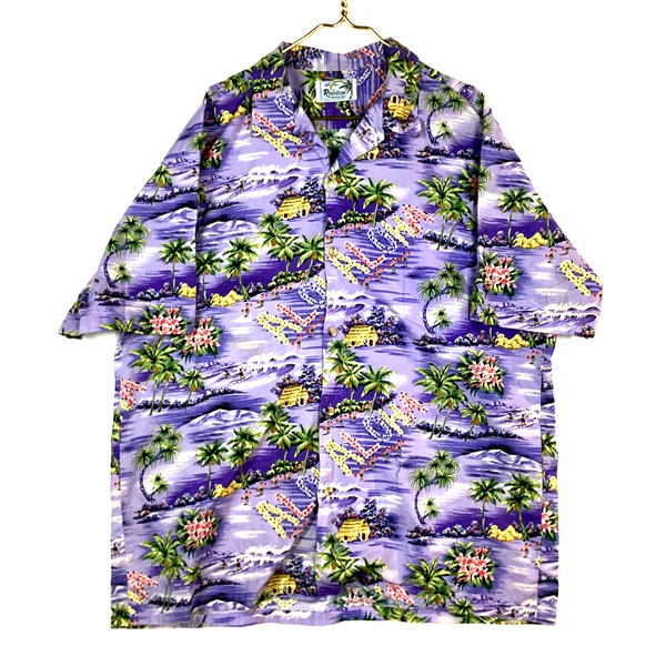 Vintage Aloha Hawaiian Shirt Size 2XL Purple Palm Trees Short Sleeve Button Up