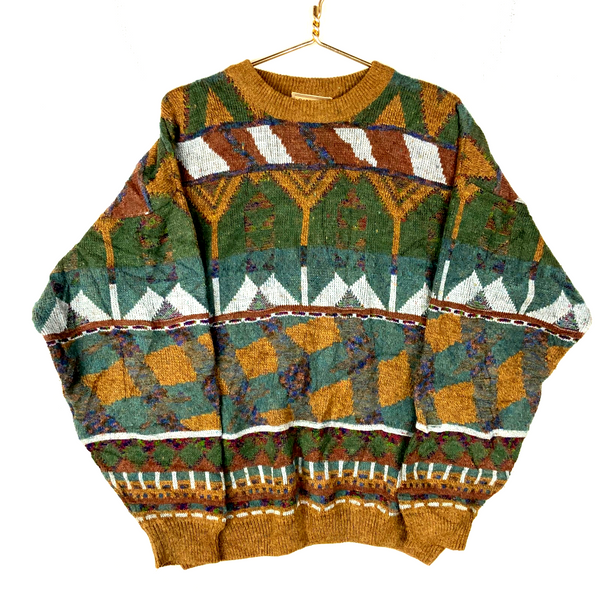 Vintage 1990s Grandpa Wool Knit Sweater Large Multicolor Crewneck Argyle