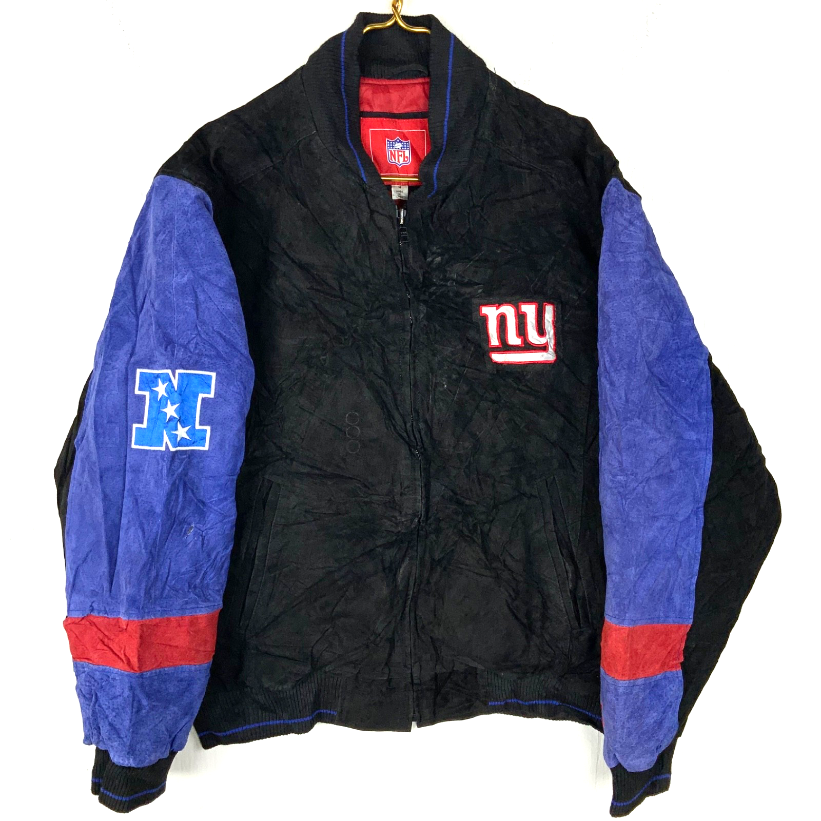 New York Giants Suede Leather Jacket Medium Full Zip Varsity Bomber Nfl