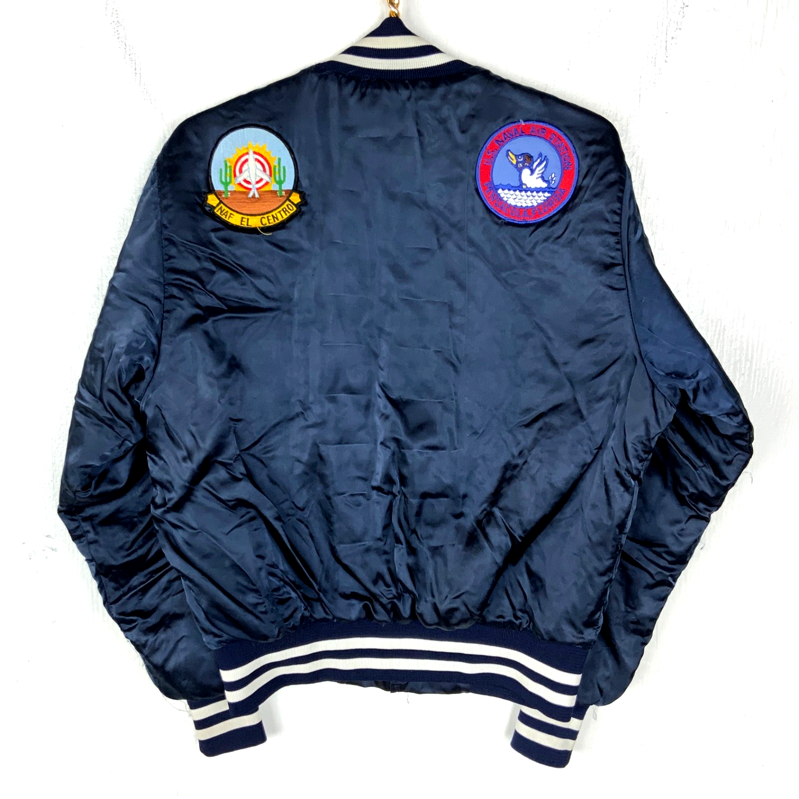 Vintage Us Navy Satin Jacket Medium Blue Snap Button Made In Usa 1980s