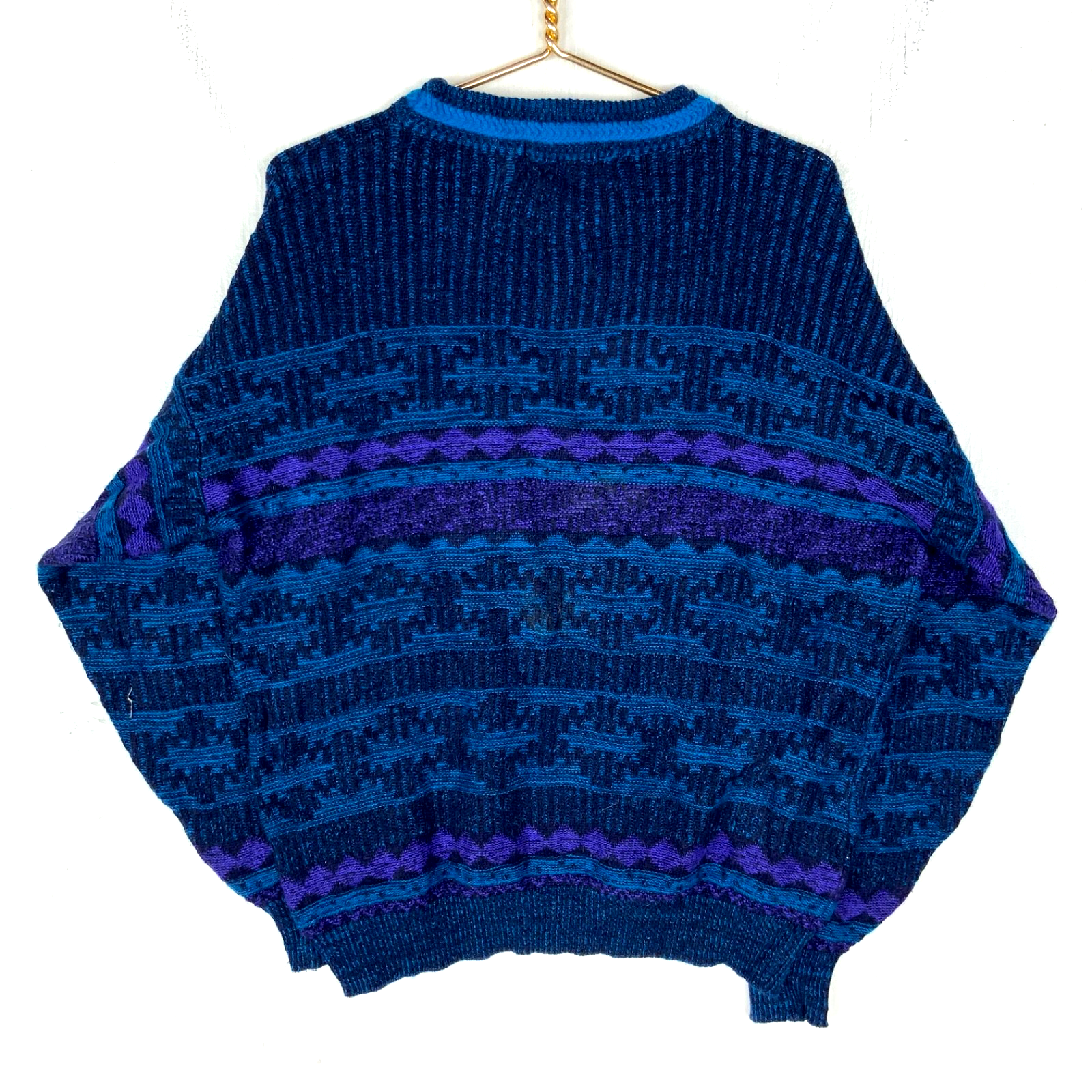 Vintage 1990s Grandpa Knit Sweater XL Blue Crewneck Pattern