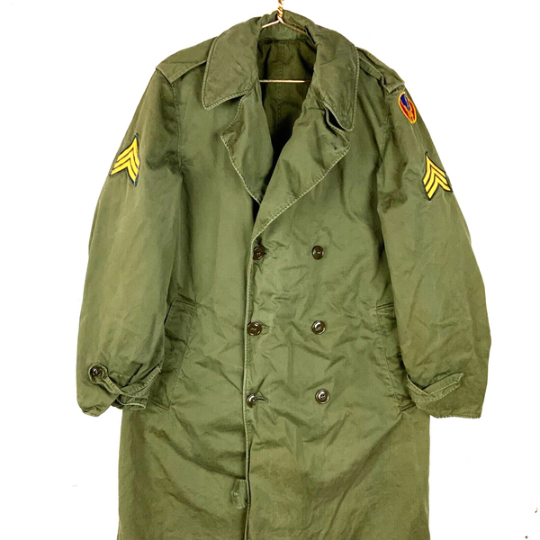 Vintage Military Trench Coat Long Medium Green Button Up Vietnam Era 60s 70s