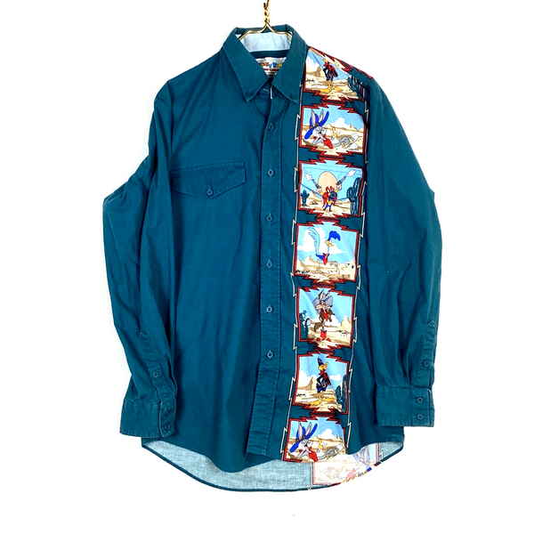 Vintage Looney Tunes Western Shirt Medium Green Long Sleeve Button Up 1993