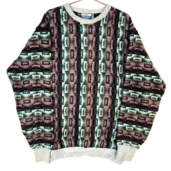 Vintage 1990s Knit Grandpa Sweater 2XL Tall Multicolor Crewneck Argyle 90s