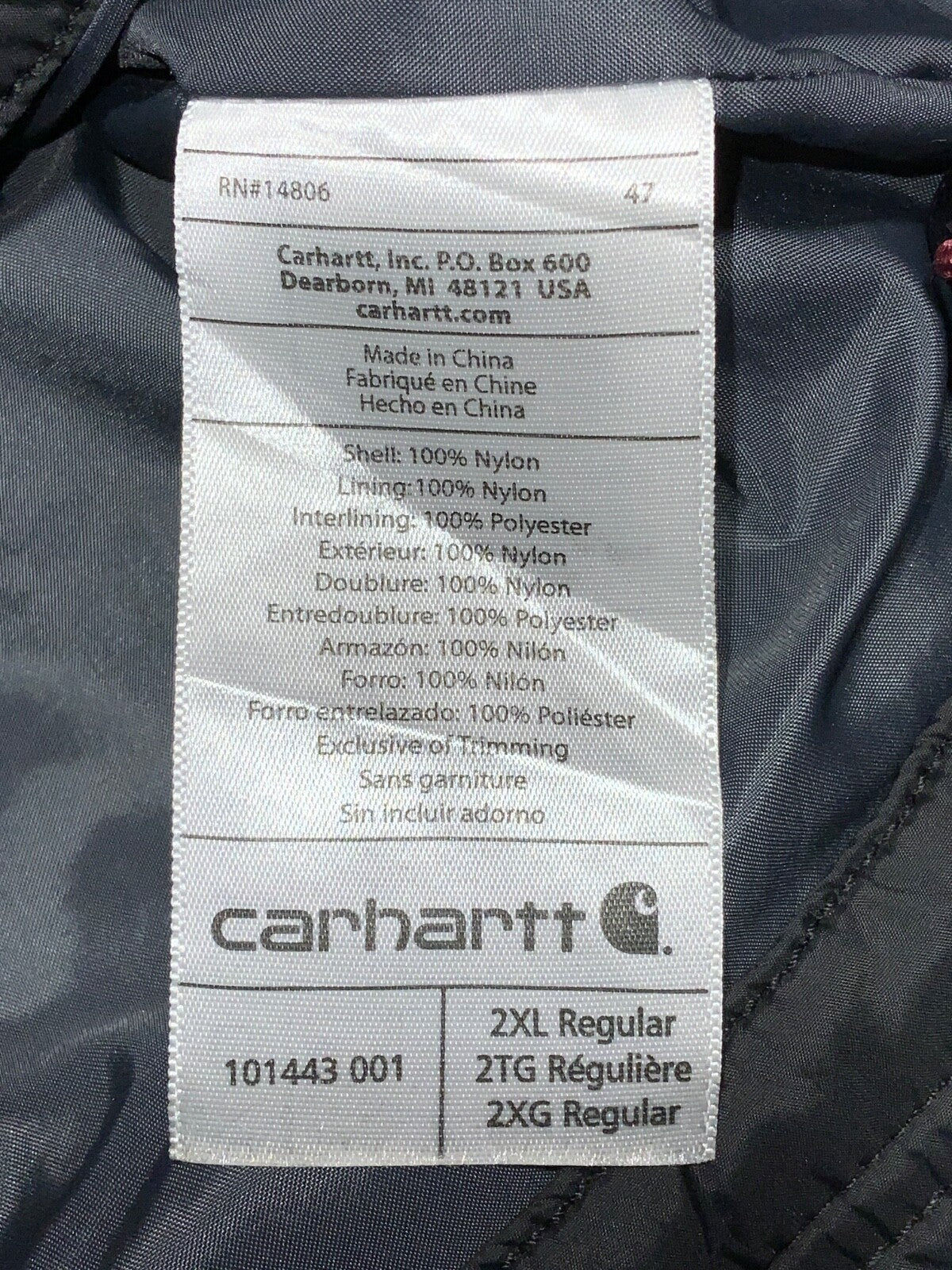 Carhartt Light Puffer Bomber Jacket Size 2XL Black Full Zip Work Wear