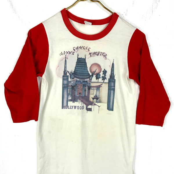 Vintage 1980s Chinese Theater Hollywood T-Shirt XS White Raglan Extra Long 1982