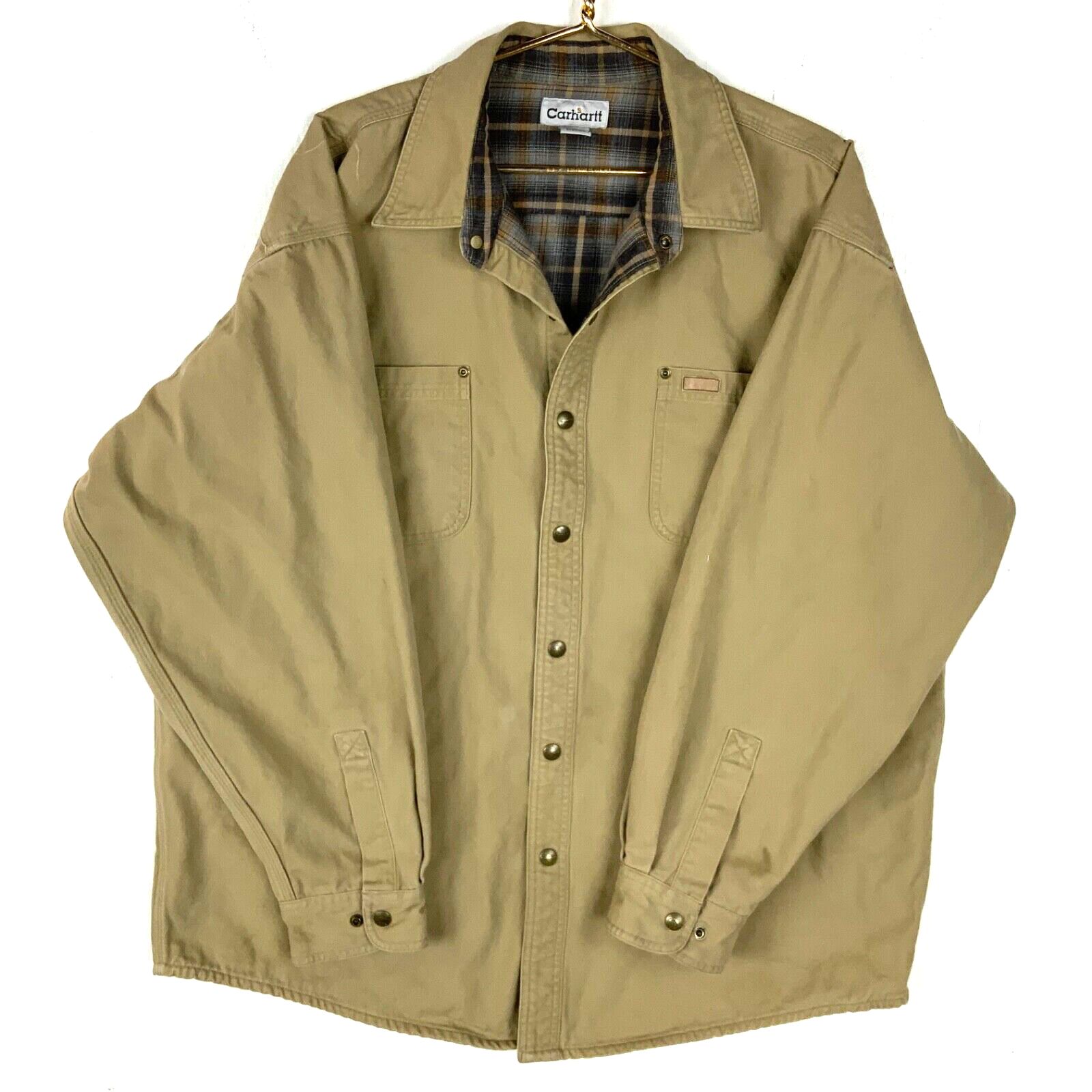 Carhartt Flannel Lined Shirt Size XL Beige Lined Snap Button Work Wear