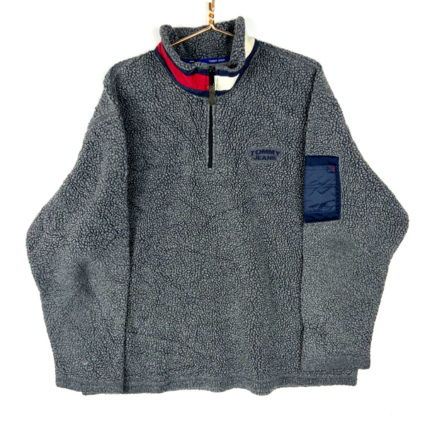 Vintage Tommy Jeans Fleece Sweater Jacket Extra Large Gray 1/4 Zip