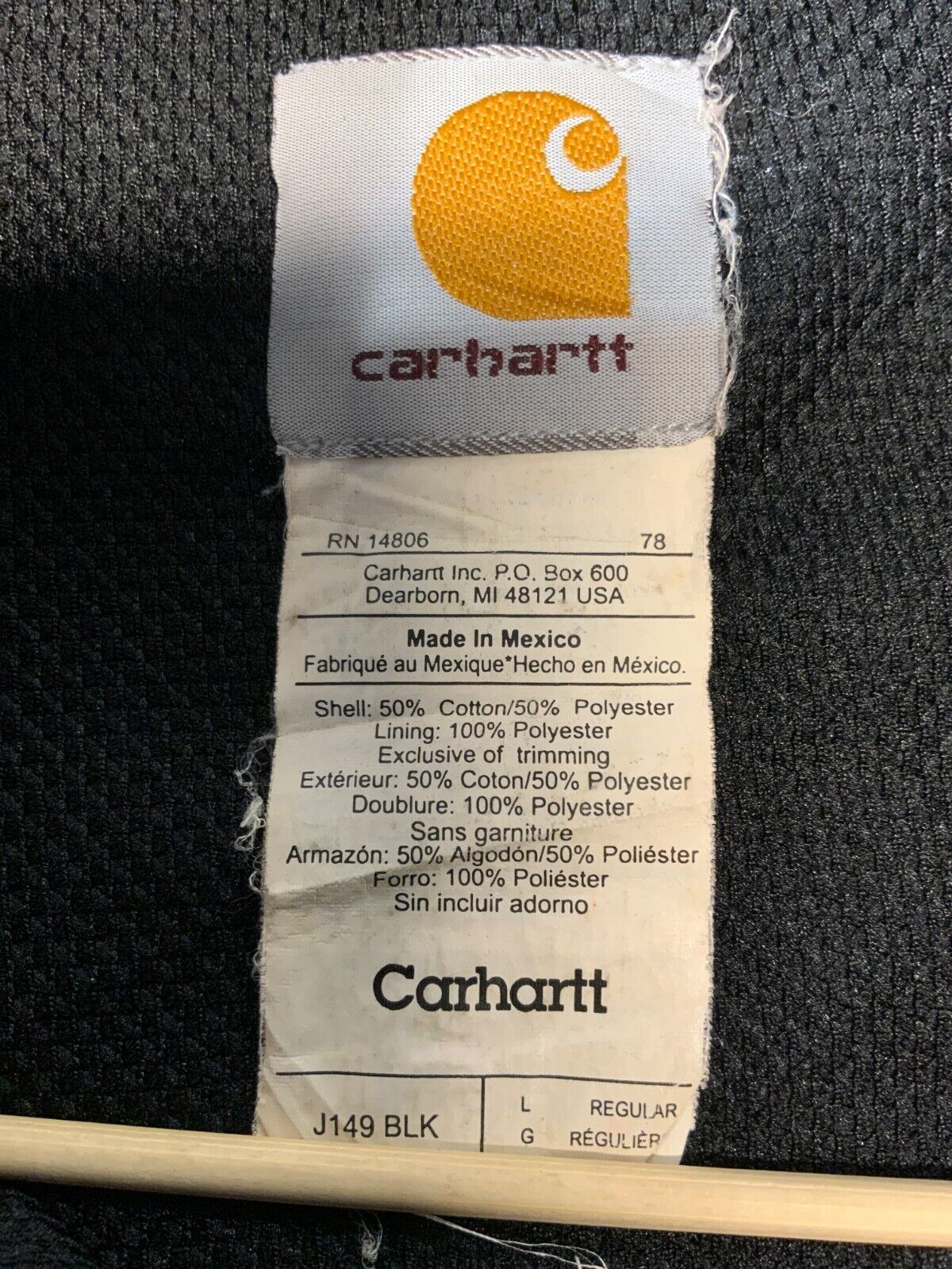 Carhartt Active Lined Sweatshirt Hoodie Jacket Large Black Full Zip Distressed