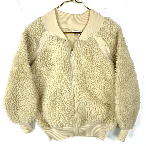 Vintage 1980s Deep Pile Fleece Sweater Jacket Size XS Beige Full Zip Bomber