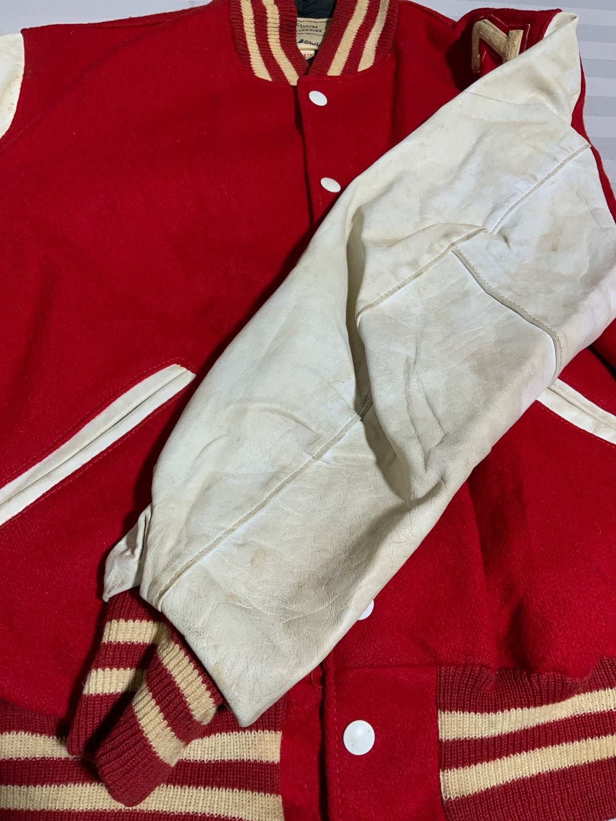 Vintage 1970s Wool Leather Varsity Bomber Jacket Large Red Snap Button Steerhide