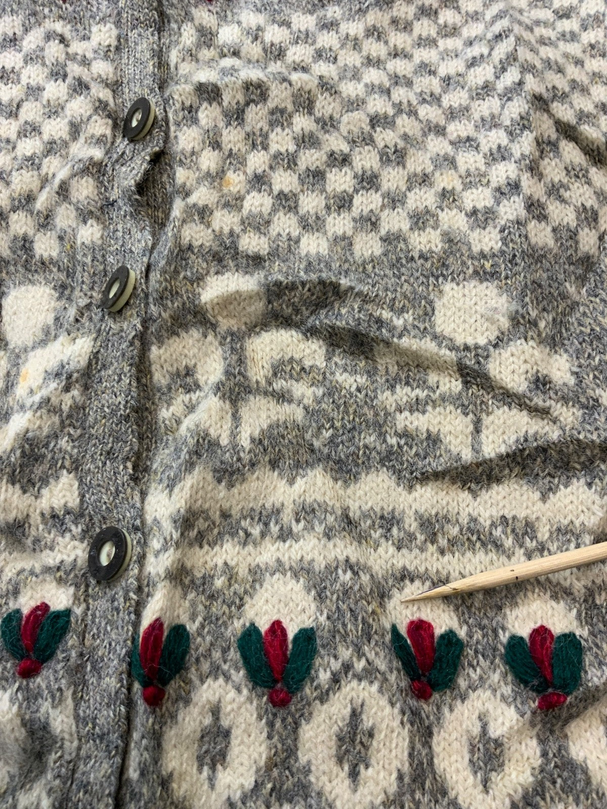 Vintage 1990s Grandma Wool Knit Sweater Women’s Large Gray Cardigan Pattern
