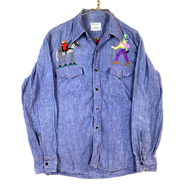 Vintage 1970s Chambray Shirt Size Medium Blue Long Sleeve Embroidered