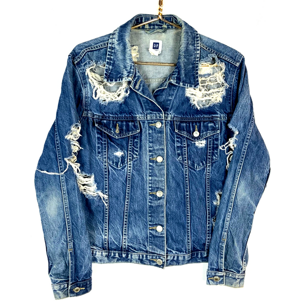 The Gap Women's Denim Jean Trucker Jacket Large Blue Distressed