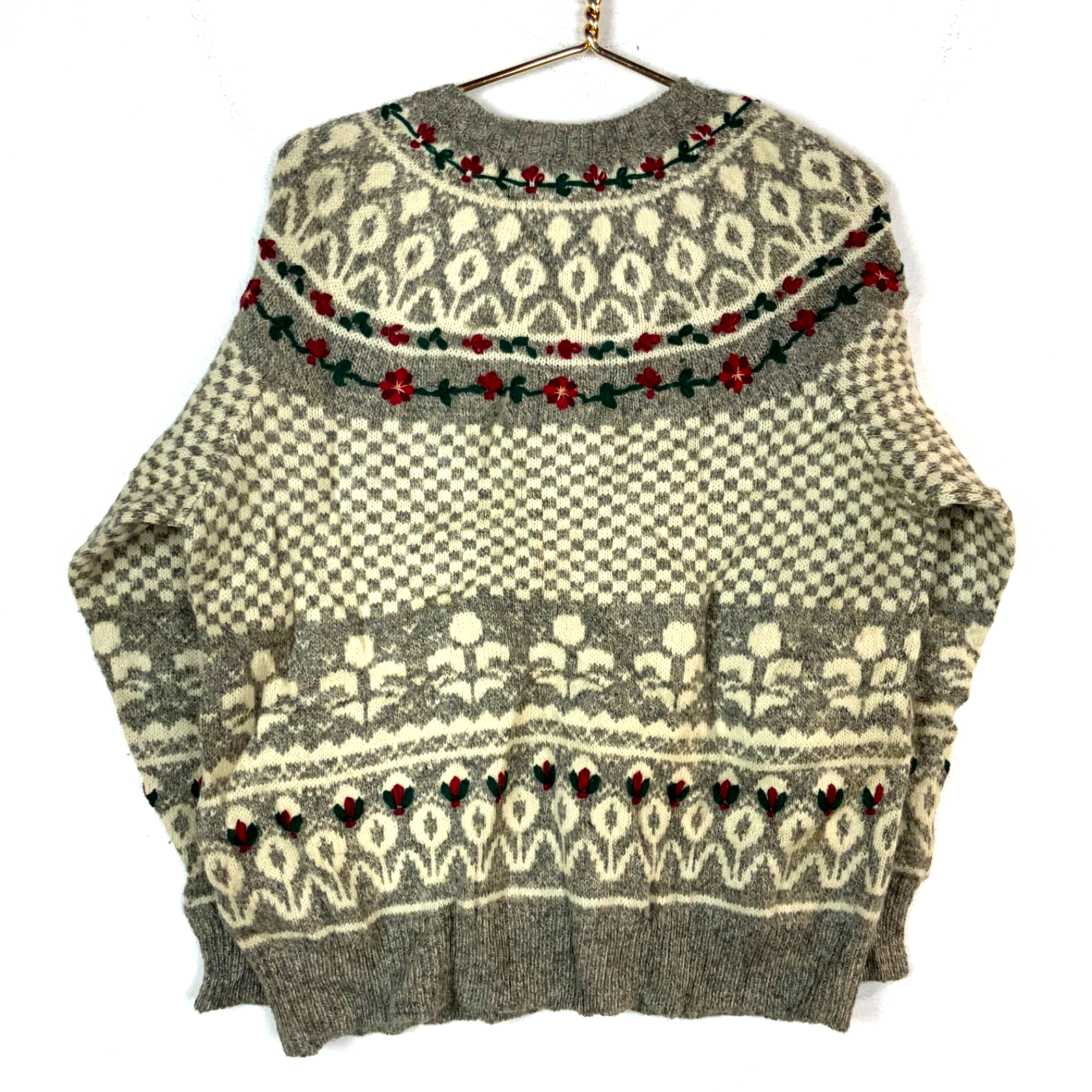 Vintage 1990s Grandma Wool Knit Sweater Women’s Large Gray Cardigan Pattern